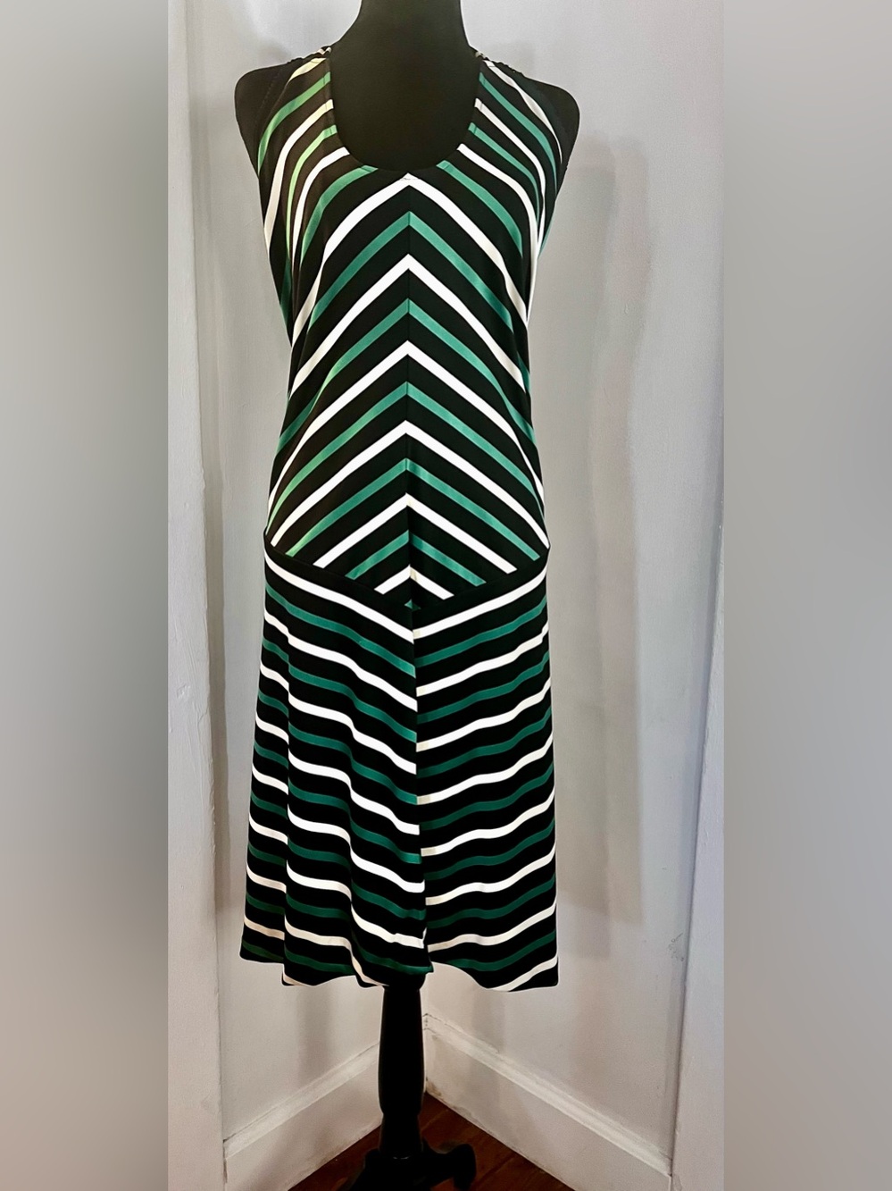 Esprit Vintage Black, White & Green Chevron Halter Dress Size Medium